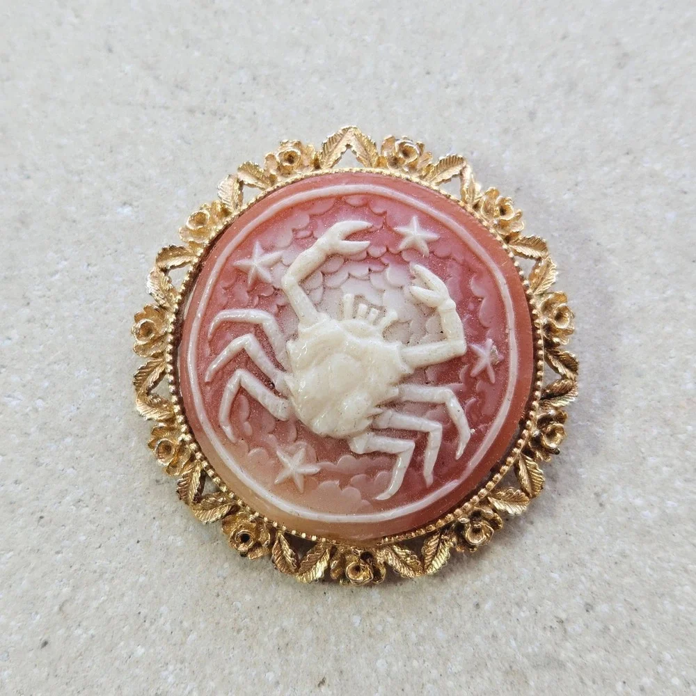 Vtg 60s 70s Cancer Zodiac Crab Cameo Brooch Gold Tone Nautical Pink Salmon Pin - Picture 2 of 5
